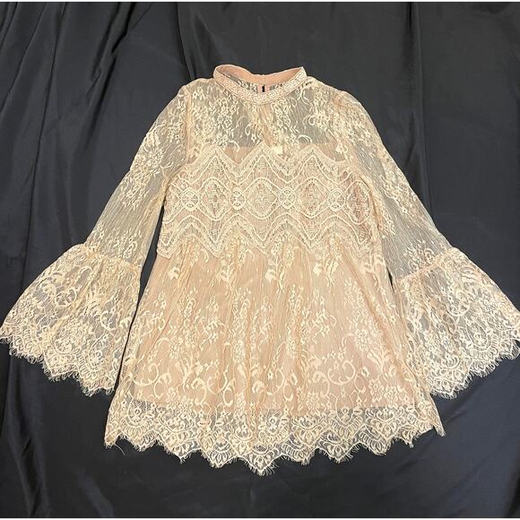 Beige Lace Sheer Blouse Lace Top | Ecru Boho Wedding Tunic, Romantic Cottagecore - Picture 1 of 11
